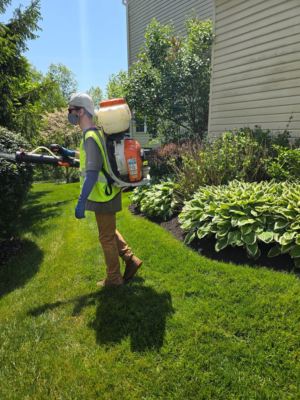 We use a backpack mister to safely treat trees, shrubs, and areas where pests live
