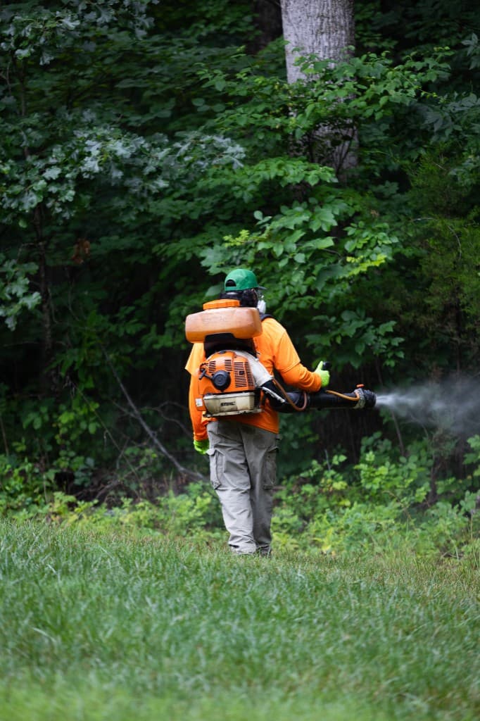 Simply Turf technician applying a mosquito barrier treatment along a wood line